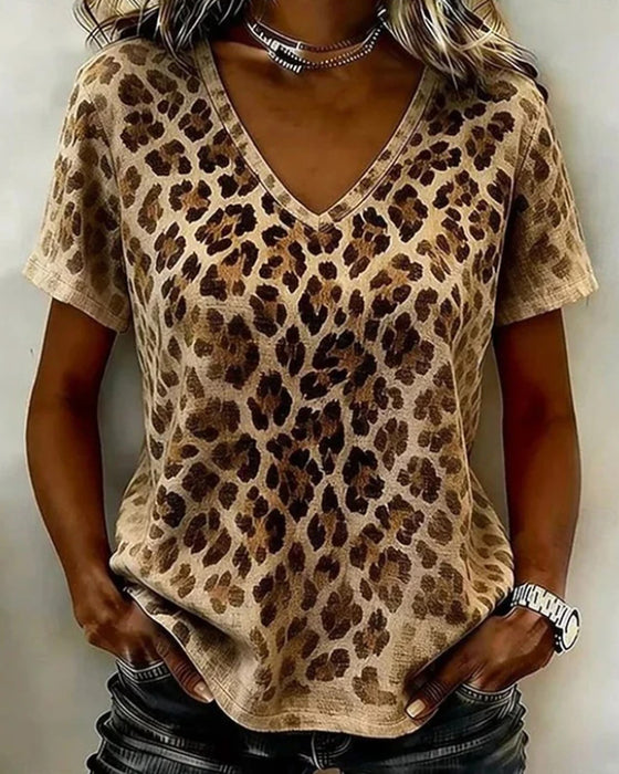 T-Shirt V-Hals Leopard Tryck Gradient Kortärmad