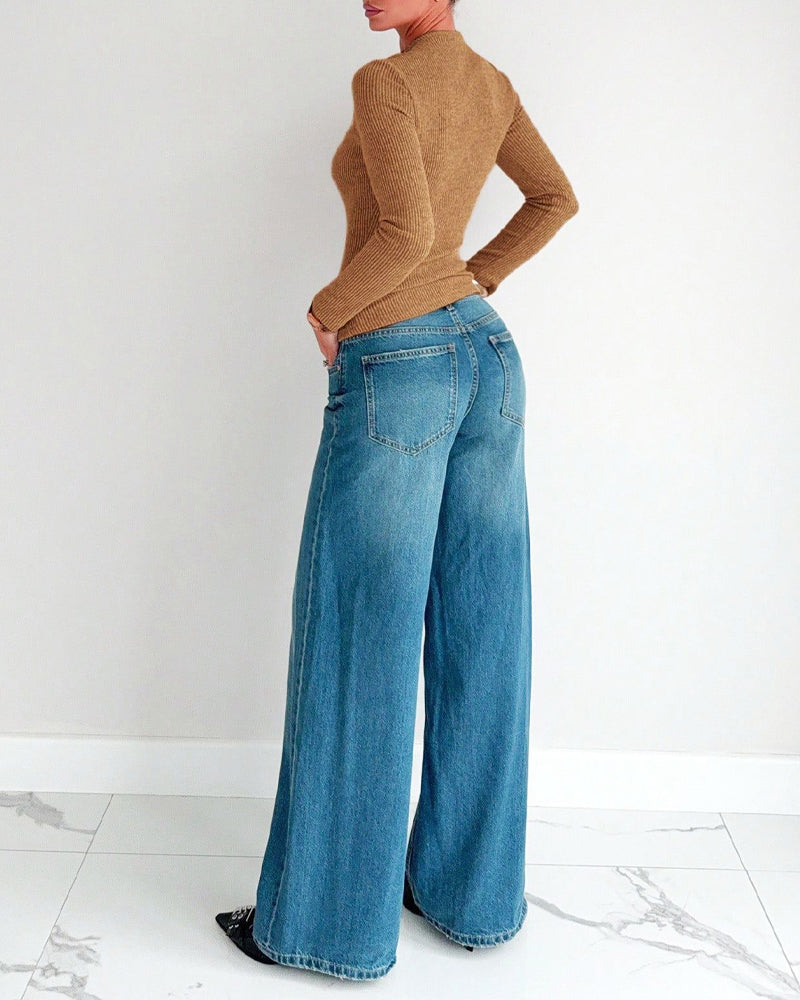 T-Shirt Dam Lång Ärm Ribbad Stickad Sväng Fram