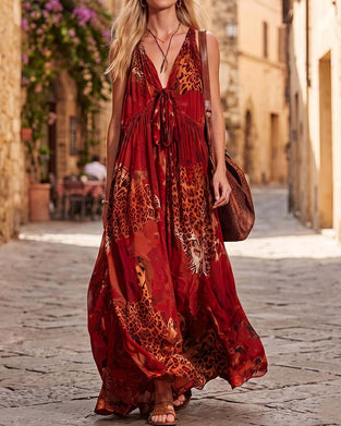Klänning V-Hals Leopard Bohemisk Spagettiband Maxi