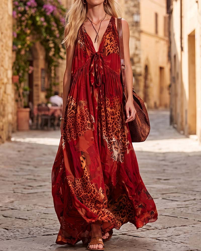 Klänning V-Hals Leopard Bohemisk Spagettiband Maxi