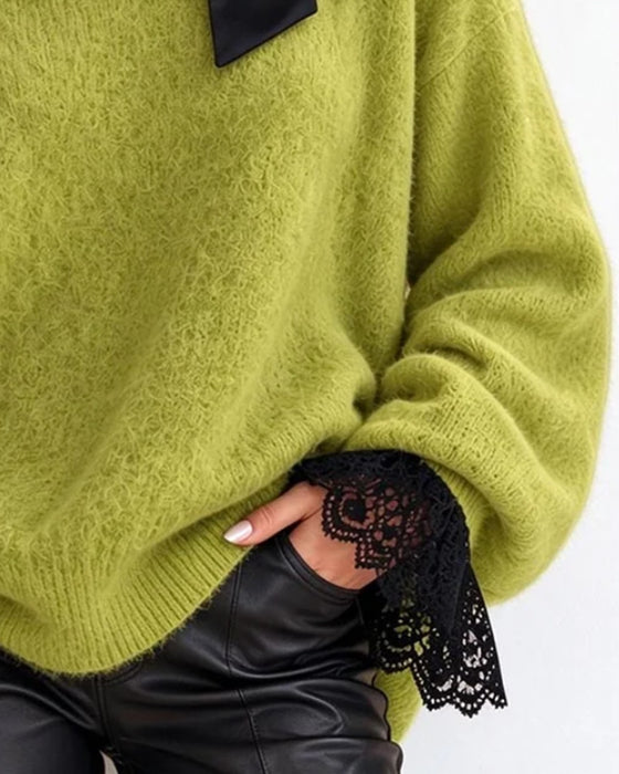 Tröja Turtleneck Rosett Off-Shoulder Spets Lapptäcke
