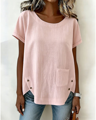 T-Shirt Bomull Lin Knapp Detalj Kort Ärm