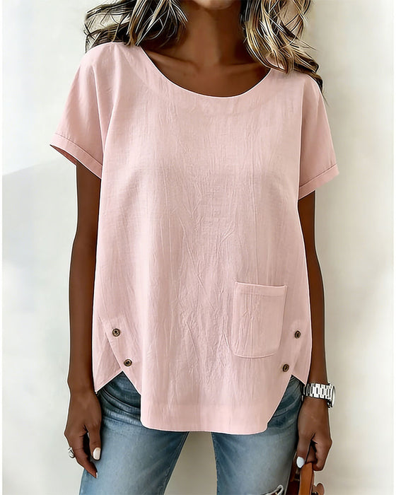 T-Shirt Bomull Lin Knapp Detalj Kort Ärm