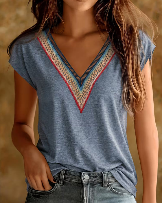 T-Shirt Patchwork V-Hals Spets Kontrast