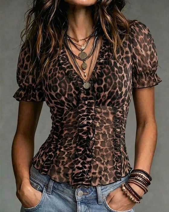 Blus V-Hals Leopard Tryck Ruffle Puffärm