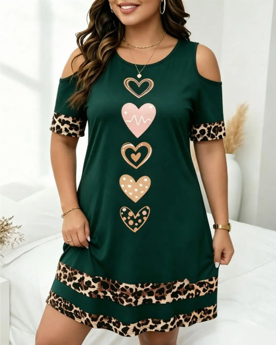 Klänning Rund Hals Off-Shoulder Leopard Hjärta