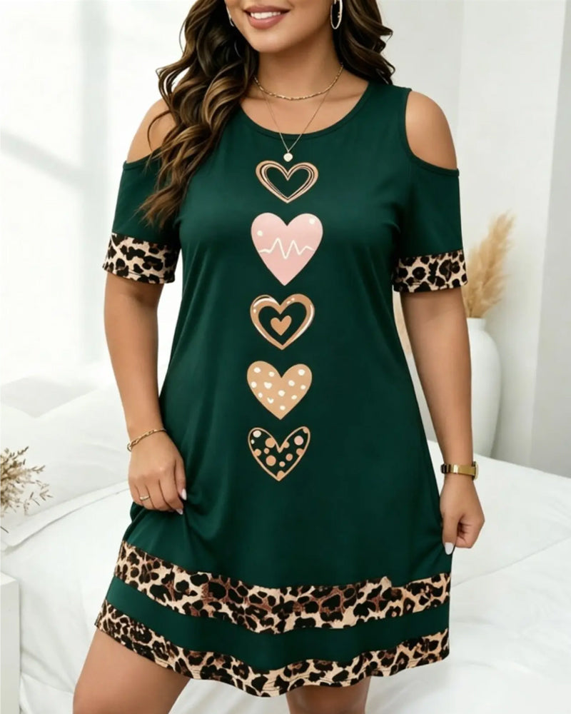 Klänning Rund Hals Off-Shoulder Leopard Hjärta
