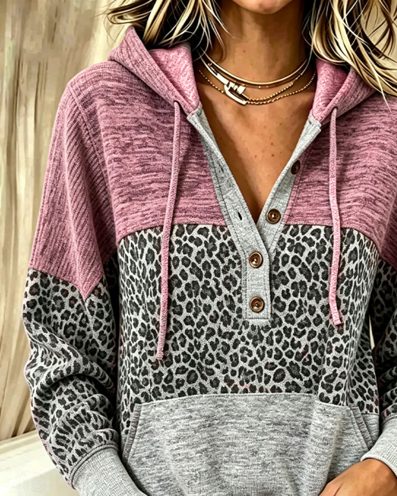 Hoodie Leopard Färgblock Dragsko