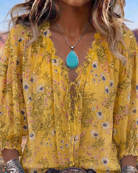 Blus Casual Blommig Knytning