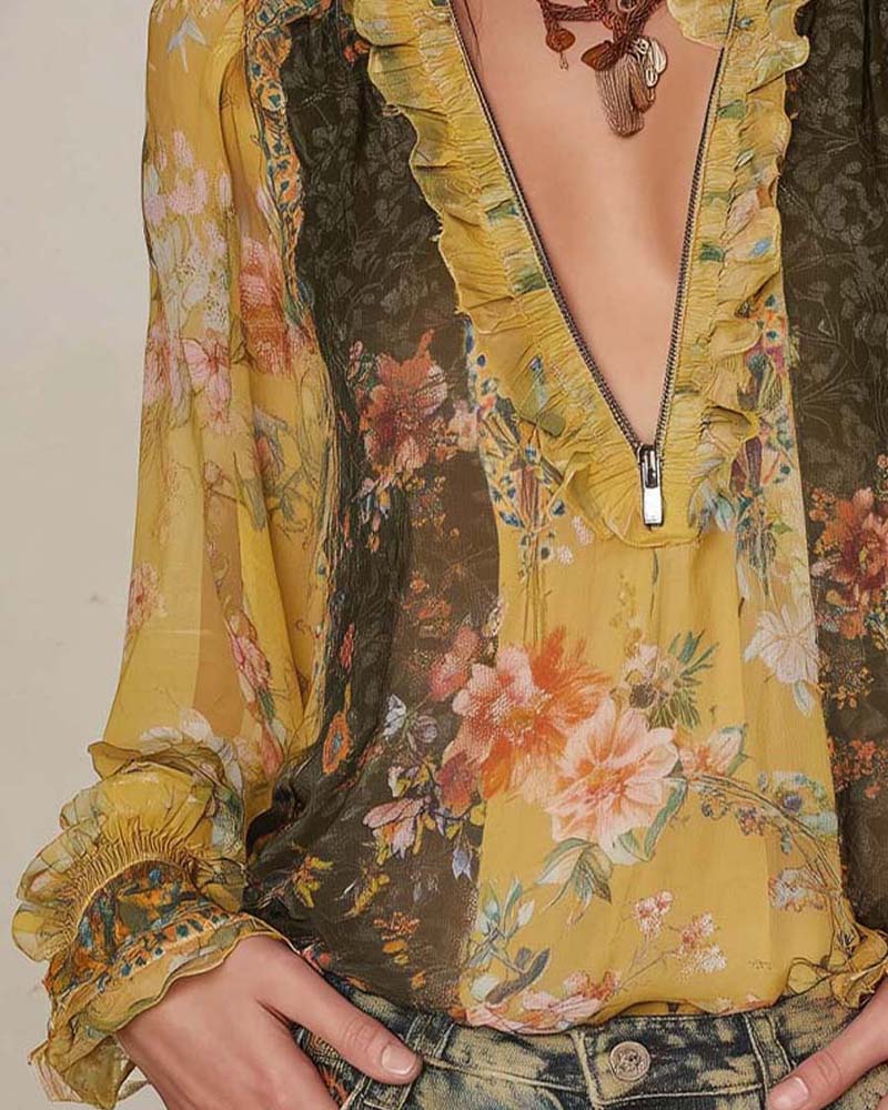 Halvbläster Blomstertryck Blus