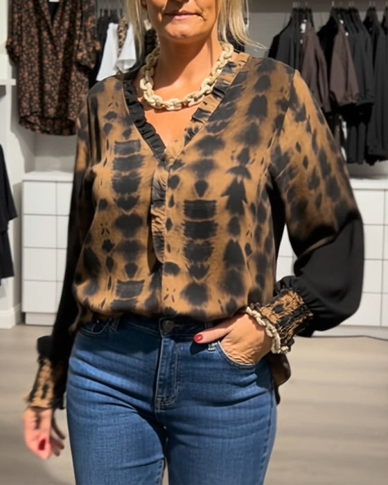 Blus Ryschad V-Ringning Tie-Dye-Tryck