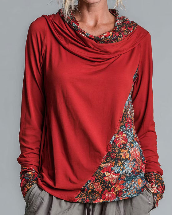 Topp Slouchy Drape Hals Patchwork Lång Ärm