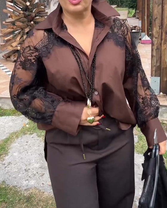 Sexig Skjorta Med Lapptäcktsdetaljer Och Krage