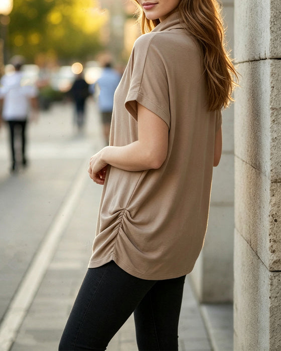Blus Mock Neck Kort Ärm Sida Rynkad