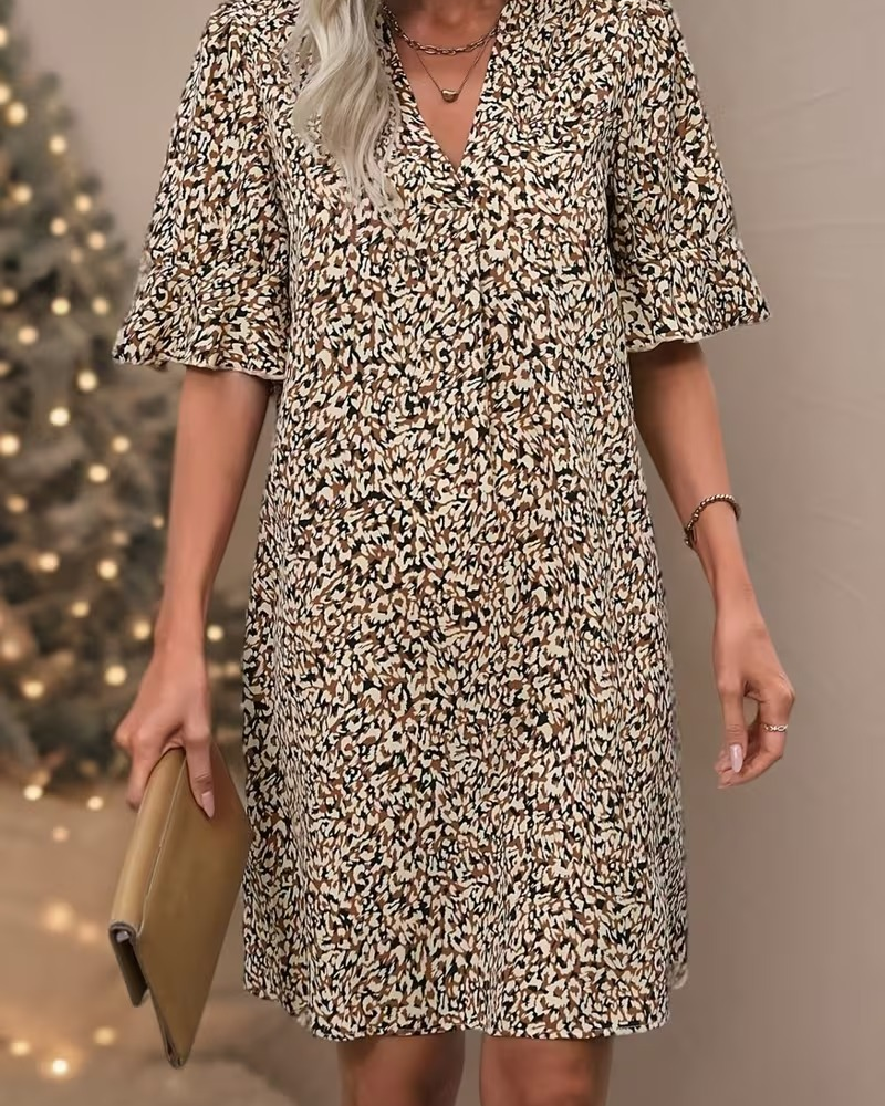 Klänning Leopard Tryck Blommig V-ringning Rynkad Ärm