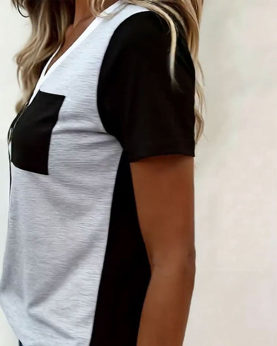 T-Shirt V-Hals Kontrast Ficka