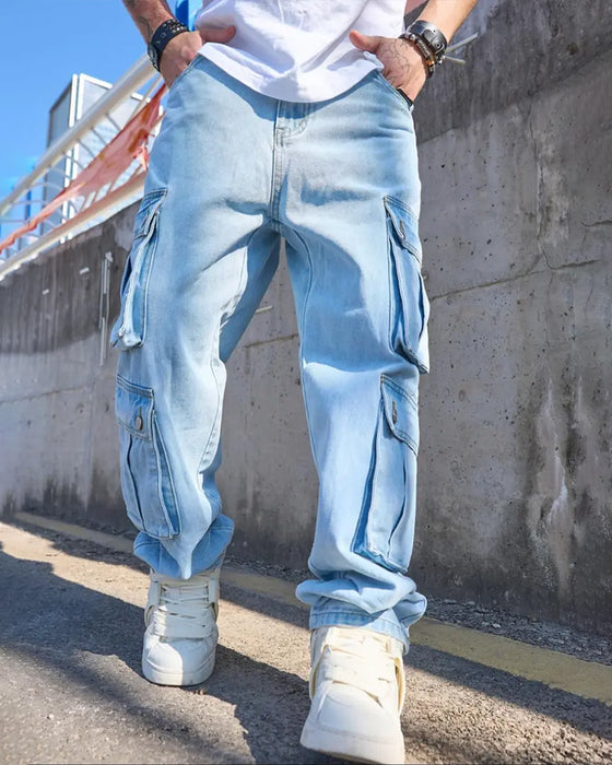 Jeans Herr Löst Fast Flik Ficka Cargo Denim