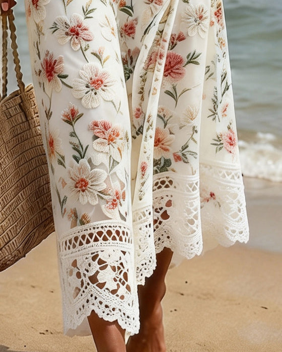 Klädning Hollow Out Patchwork V-Hals Blommig