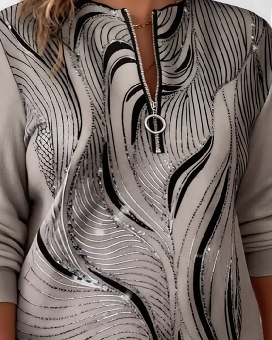 Plussize Casual Tryckt Hoodie Med Halvblix