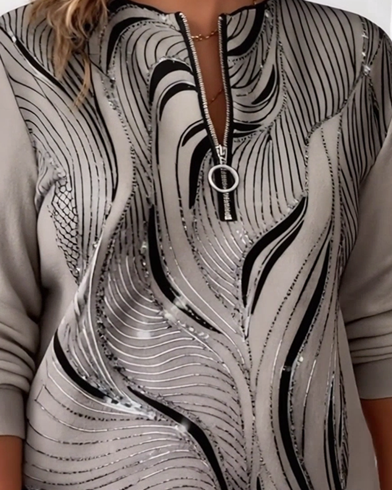 Plussize Casual Tryckt Hoodie Med Halvblix