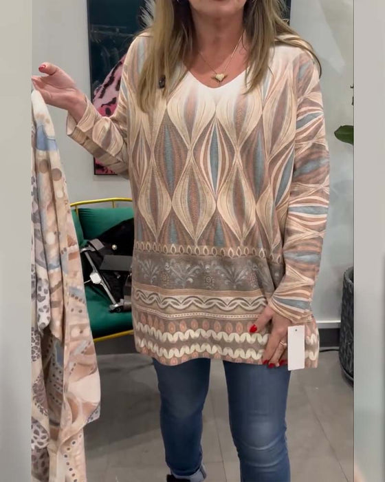 Topp Geometrisk Diamanttryck Långärmad V-Ringning