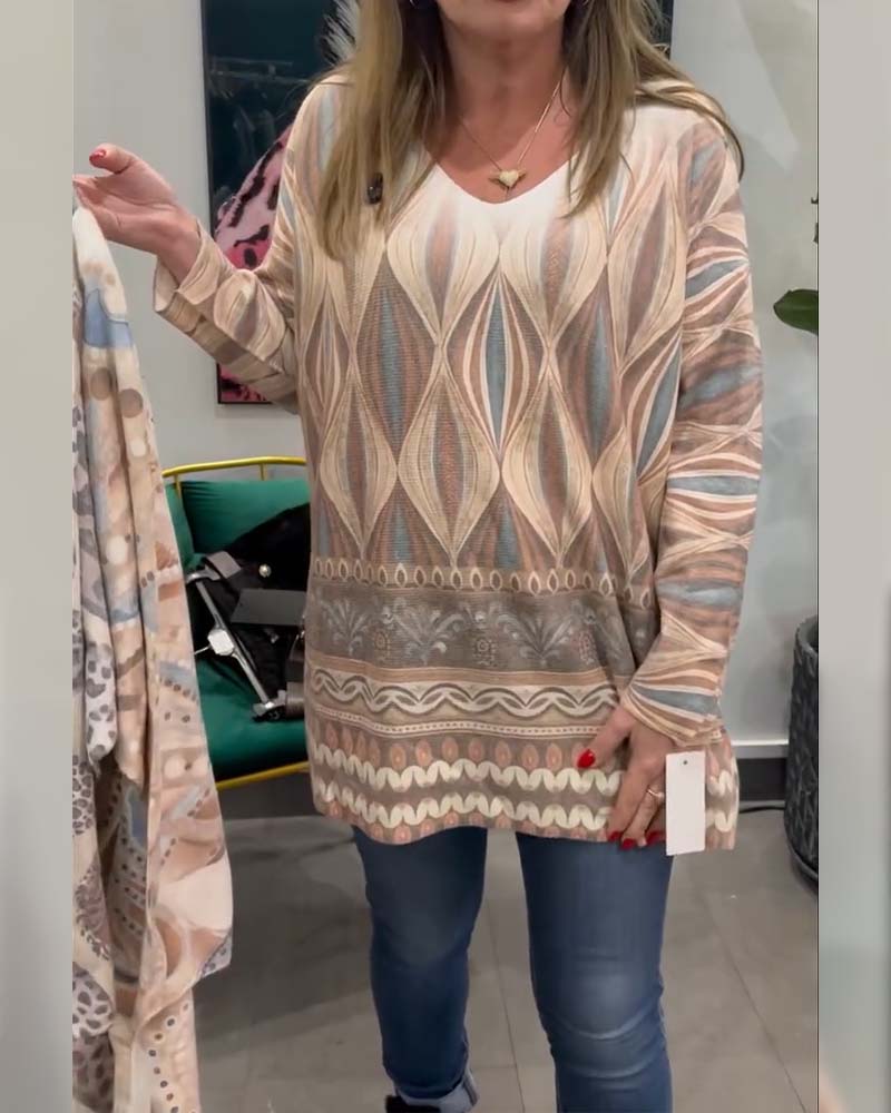 Topp Geometrisk Diamanttryck Långärmad V-Ringning