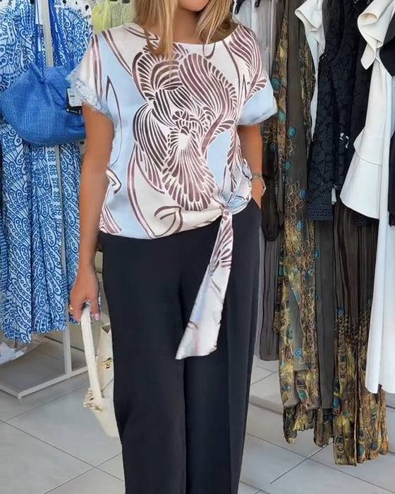 Blus Med Runt Halsband Snörning Oregelbunden