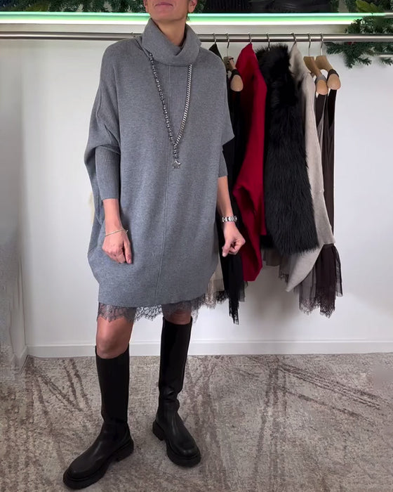 Hängslen Spets Mesh Klänning Kostym Hög Krage Fladdermusärm