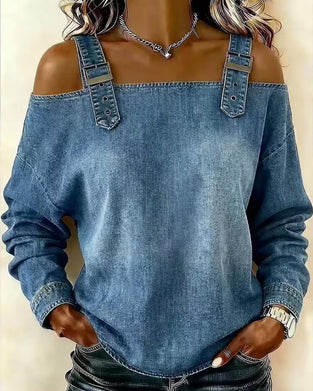 Blus Spagettiband Off-Shoulder Denim Metall Knapp