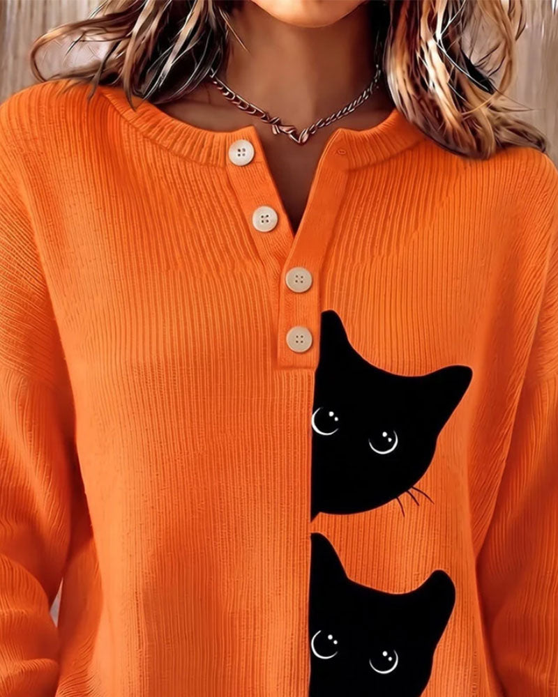 Pullover Knapp Fram Rand Katt Kontrast Stickad