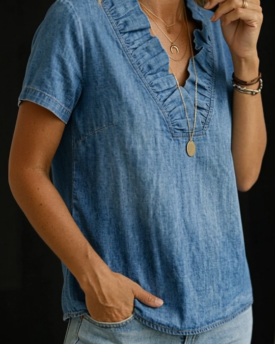 Blus Volang V-Ringad Denim