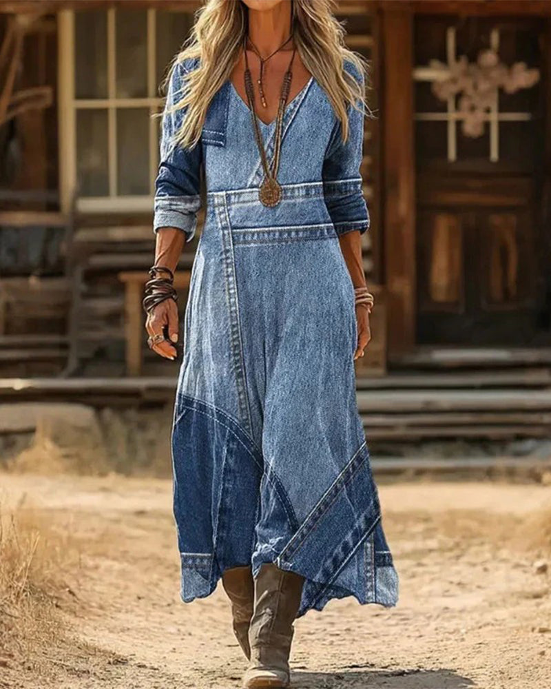 Klänning retro v-ringad långärmad med tryck