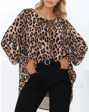 Blus Rund Hals Leopard Oregelbunden Lykta Ärm