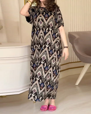 Klänning Runt Hals Tryckt Lös Lång