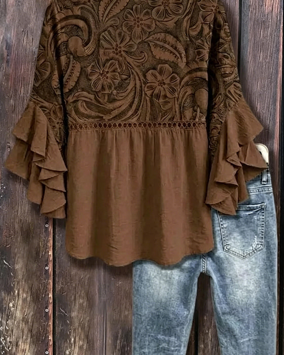 Blus Vintage Blommigt Print Asymmetrisk Rynkad Ärm