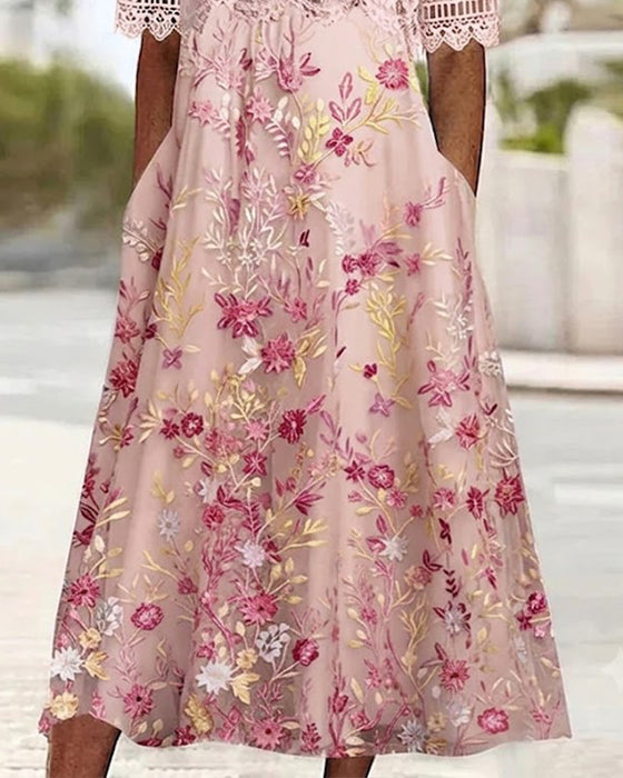Klänning Spets Blommönster Patchwork A-Linje