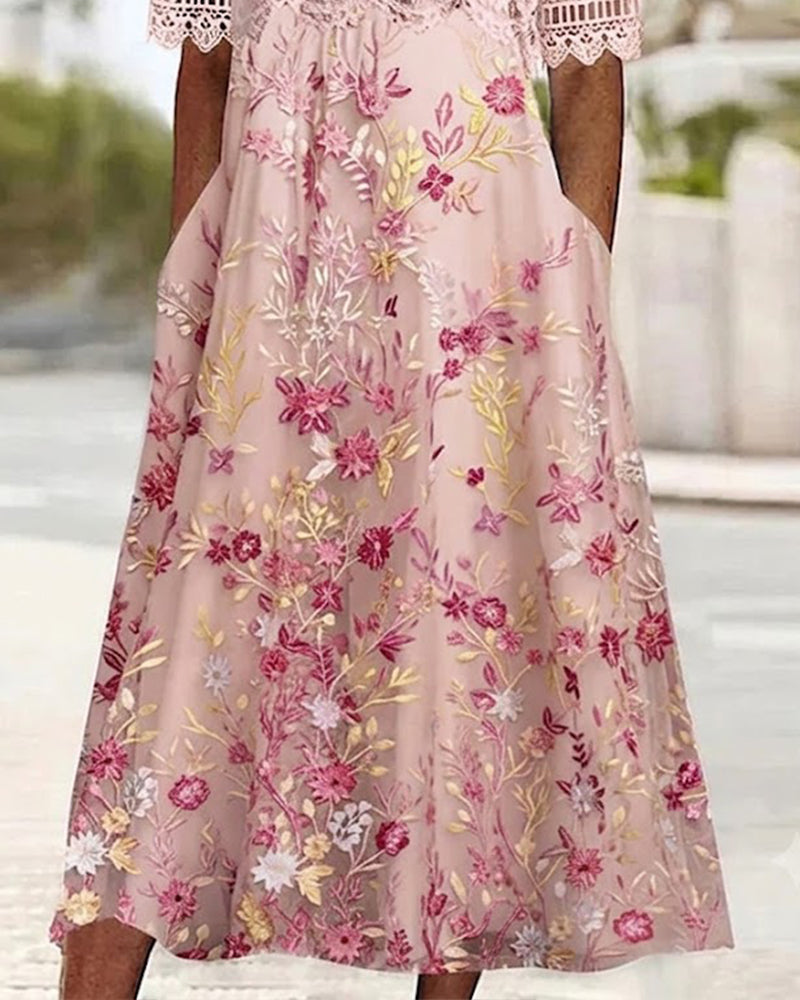 Klänning Spets Blommönster Patchwork A-Linje