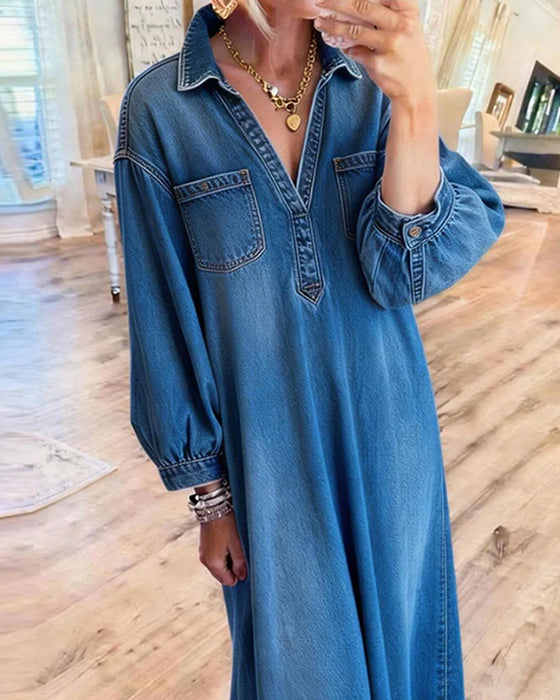 Klänning Denim Skjorta Stil Maxi