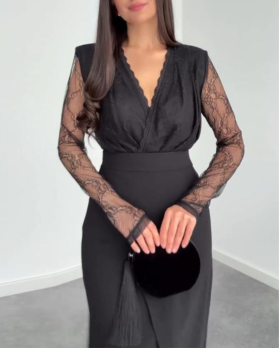 Två-Dels Set Med V-Hals Spets Top, Asymmetrisk Midikjol Och Elegant Stil