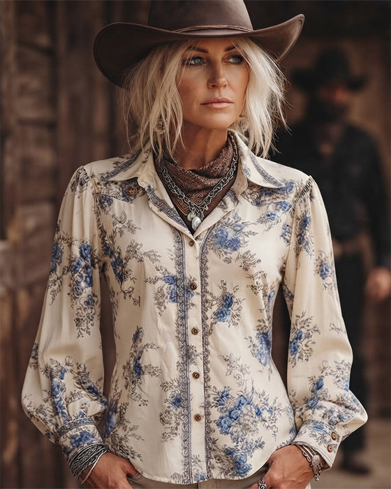 Vintage-Stil Blommig Långärmad Skjorta Med Krage