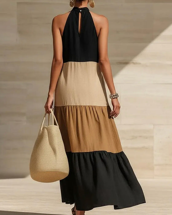 Klänningar Halsringning Off-Shoulder Lapptäcke Färgblock