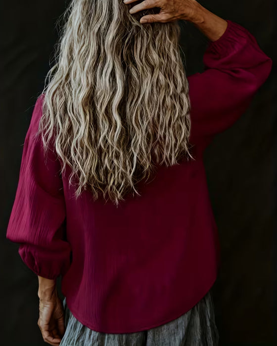 Blus V-Ringning Casual Knappning Ner