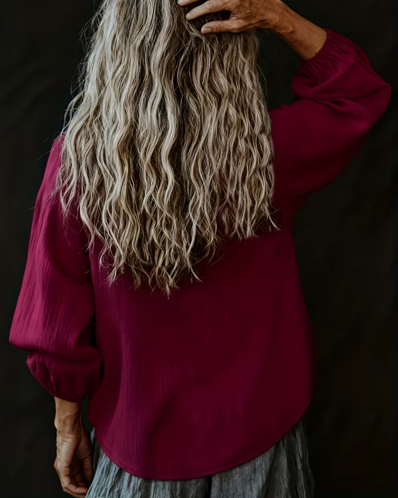 Blus V-Ringning Casual Knappning Ner