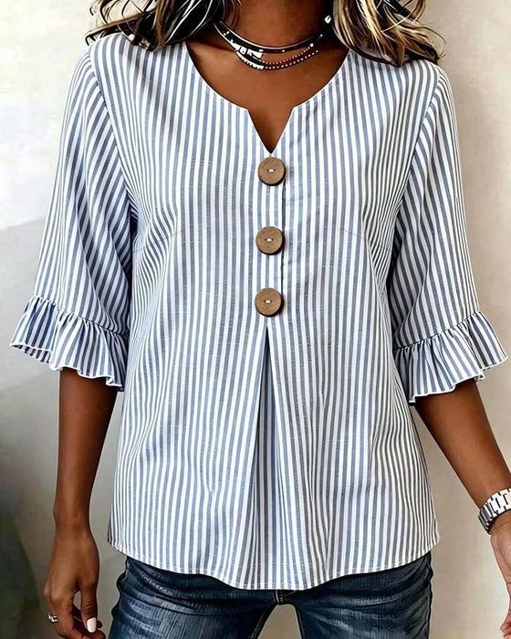 Blus Mini V-Hals Ruffle Rand Knapp