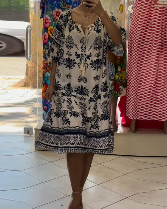 Klänning Rund Hals Tryckt Trumpet Korta Ärmar