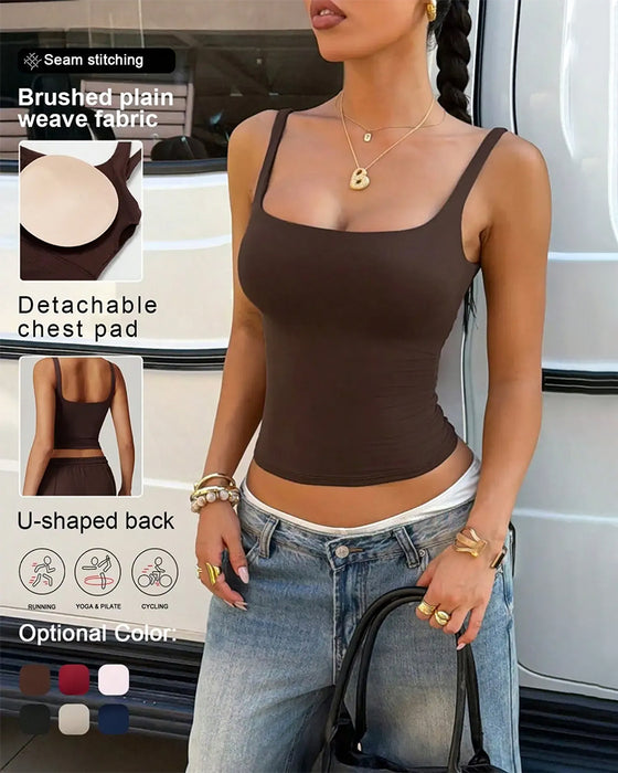 Tank Top Solid Färg Fyrkantig Hals Inbyggd Bh