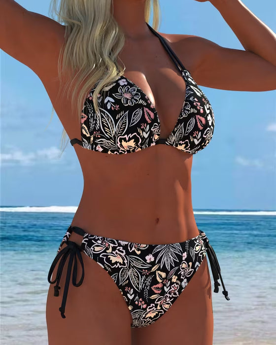 Bikini Blommig Halsrem Knyt Tvådelad Bikini
