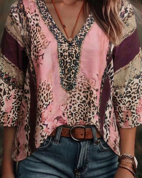 Blus V-Hals Leopard Färgblock