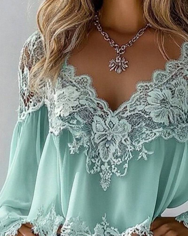 Blus V-Ringning Lapptäcks Lös Långärmad