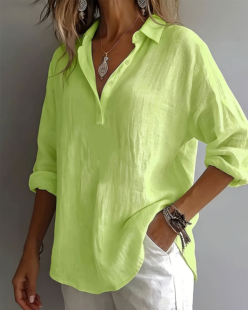 Blus Enfärgad Krage Halvknäppning Långärmad